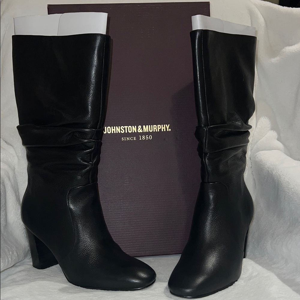 Johnston & Murphy Elegant Black Leather Slouch Heeled Boots
